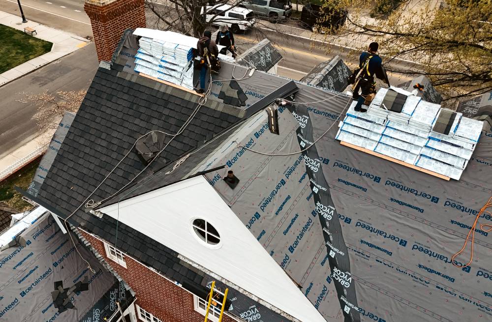 Aerial view of a roofing project by Signature Roofing